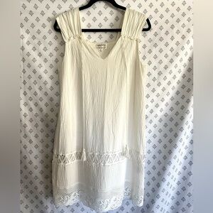 Crinkle Cotton White Sleeveless Tunic Dress with Lace Details
